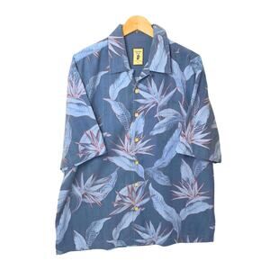 Mens L Blue Hawaiian Camp Shirt Short Sleeve Button Up Floral Tropical Beach